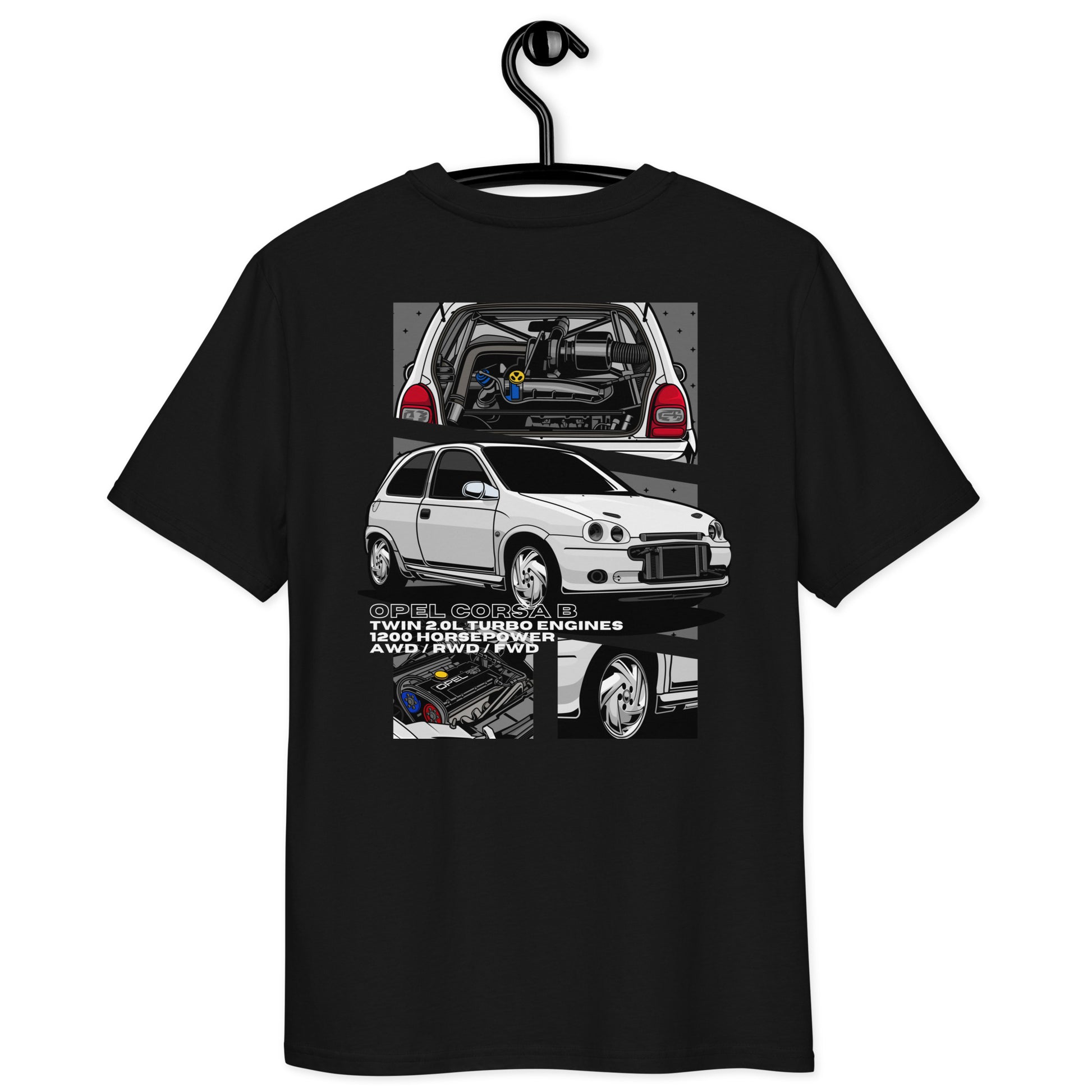 Back of black t-shirt with Twin Engine Culture logo and Corsa graphic